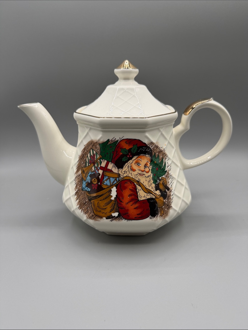 White  Ceramic Teapot Waffle Print  Gold Trim Santa Holding Tree & Bag of Toys